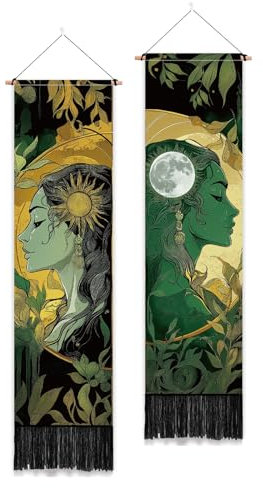 PLIGREAT Paquet de 2 tapisserie de lune de soleil avec glands, déesse esthétique Art Tenture murale Plantes vertes verticales Tapisserie murale pour chambre à coucher Salon Long Décor étroit