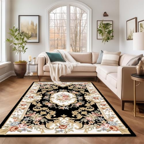 RBQIZVW Wohnzimmerteppich, waschbarer Teppich orientalisch, Vintage Kurzflor Teppich für Wohnzimmer, Esszimmer, Schlafzimmer,Schwarz,160X230cm