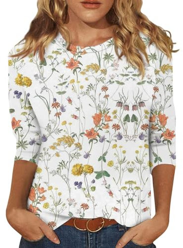 Tops for Women 3/4 Sleeve Summer T-Shirts Casual Round Neck Elegant Shirts Ladies Plus Size Floral Printed Fashion Spring Blouses Three Quarter Sleeve Tops UK 04-White S