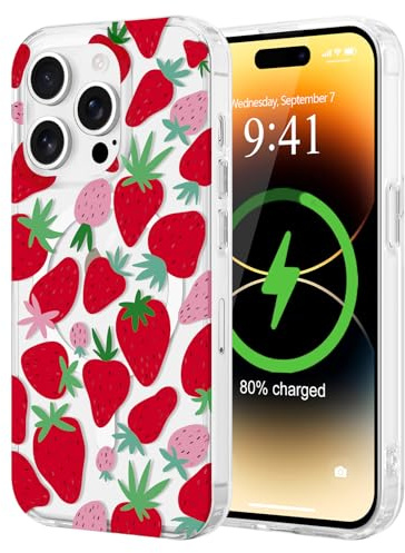 LCHULLE Magnetic for iPhone 14 Pro Max Case, Cute Aesthetic Bow, Strawberry | Compatible with MagSafe, Clear Ribbon Girly Bowknot Phone Cover for Women Girls, Slim TPU Bumper Hard Back,Anti-Yellowing
