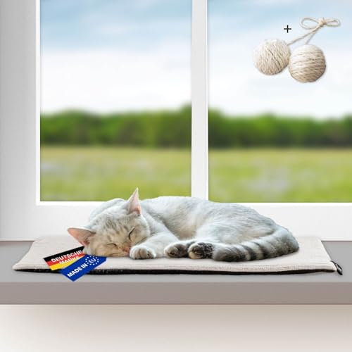 Rohrschneider Katzen Fensterliege | selbstwärmende Katzendecke | Made in EU | Katzenkissen mit Rutschfester Unterlage | waschbares Katzenbett aus Cordstoff | Größe 1 (60 x 29 cm) | beige