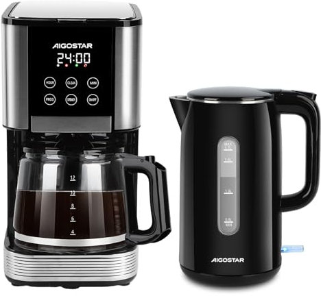 Aigostar Set de Desayuno - Hervidor de Agua Electrico + Cafetera de Filtro (1,7L, 2200W, diseño de doble pared) & (1,5L, 1000W, programable 24H, 2 niveles de intensidad, función de mantener caliente)