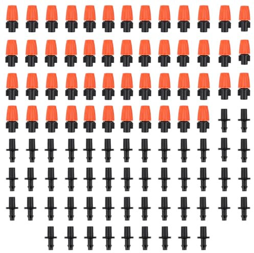 Tinoaly 50pcs Drip Irrigation Spray Emitters, 1/4 Adjustable Atomizing Nozzles Drip Irrigation Spray Emitters Irrigating Sprinkler Head Greenhouse Watering Hose Drippers for Garden Misting System