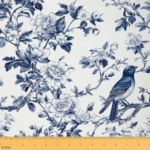 Homemissing Groovy Blumen Stoff Meterware Retro Boho Polsterstoff 184x150cm für Nähen Handwerk 70S Hippie Blumen Indoor Stoffpaket für Zuhause DIY Projekte Psychedelische Blau Weiß