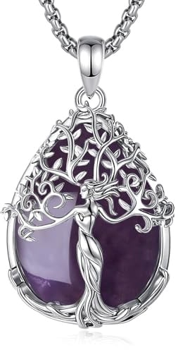 CELESTIA Lebensbaum Kette mit Mondstein Obsidian Amethyst Anhänger Versilbert, Geschenke für Frauen Geburtstag, Weihnachten, Muttertag Schmuck für Mama, Schwester, Oma