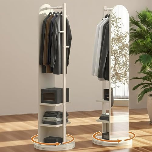 WUDLEP 360° Swivel Full-Length Mirror with Coat Rack, Freestanding Solid Full Length Mirrors, 2-in-1 Floor Organizer with Hooks and Shelves, for Cloakroom, Bedroom, Entryway, 168L x 40W cm, White