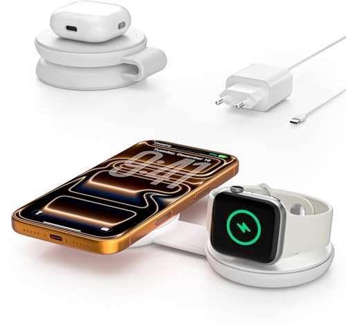 2 in 1 Kabelloses Ladegerät, Qi2 25W Schnellladestation Kompatibel mit MagSafe Ladestation für iPhone 17e/17/16/15/14/13/12/Air, 5W für Apple Watch, AirPods Pro/4/3/2 | Inkl. 30W Netzteil