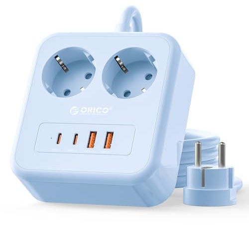 ORICO Multiprise Cube 6‑en‑1, Charge Rapide PD 20W, Câble 1,5m | 2 Prises et 4 Ports USB(2 USB-C + 2 USB-A), 2500W, pour Bureau et Maison, Bleu