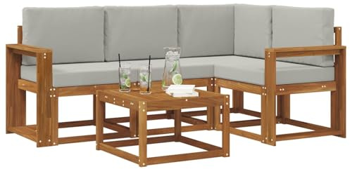 vidaXL Outdoor-Sofagarnitur mit Kissen 5 pcs Natürlich und Hellgrau, Garten-Sofa-Set, Moderne Outdoormöbel, langlebige Lounge für die Terrasse, Bequeme Sitzgruppe