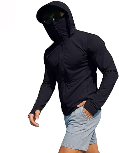 Sweat à capuche pour homme avec protection solaire UPF 50+ avec masque intégral zippé, protection UV, chemise de pêche, séchage rapide, veste d'été pour randonnée, course à pied, a noir, M