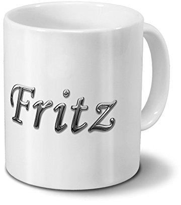 printplanet Tasse mit Namen Fritz - Motiv Chrom-Schriftzug - Namenstasse, Kaffeebecher, Mug, Becher, Kaffeetasse - Farbe Weiß