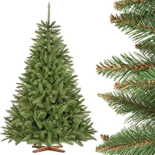 FairyTrees árbol de Navidad Artificial 180cm Abeto Natural con el Soporte de Madera | árbol Artificial con el Tronco Verde | Fabricado en EU