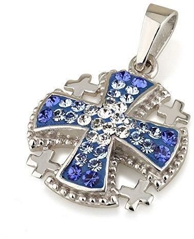 Jerusalem Kreuz Anhänger Blau Swarovski Edelstein Sterling Silber 925