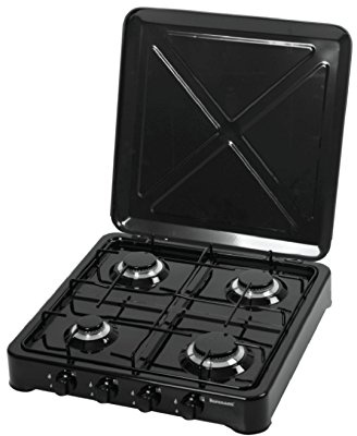 Ravanson K-04TB Table de cuisson à gaz avec 4 brûleurs à gaz, 6,46 kW, 49,5 x 54,0 cm, couvercle en métal et boîtier en métal, noir