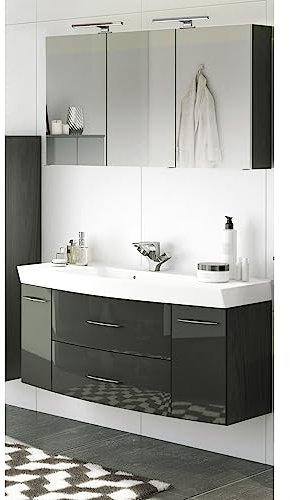 Lomadox Badezimmer Waschtisch Spiegelschrank Set in Hochglanz grau 120cm Waschtisch & Unterschrank Waschbecken 3D Spiegelschrank & LED-Leuchten Steckdose