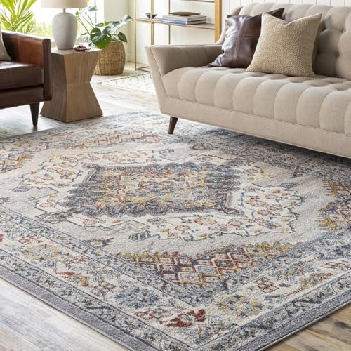 Livabliss Casablanca Vintage Teppich groß - Teppich Wohnzimmer 160x213 cm, Esszimmer, Schlafzimmer - Orientalischer Teppich Boho Style - Carpet Living Room, Bunter Muster, Taupe, Blau und Grau