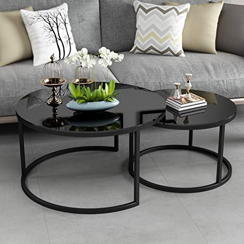 Moderner runder Couchtisch Nesting Stapeltische Wohntisch Schwarz Metall Eisenrahmen, 70 cm x 45 cm / 50 cm x 40 cm (2er-Set, gehärtetes Glas)