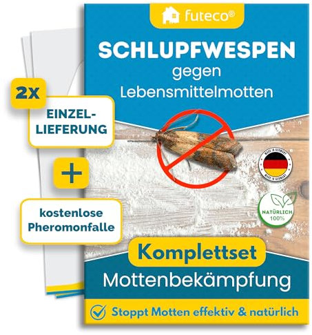 Futeco® - Schlupfwespen gegen Lebensmittelmotten - 2 Karten à 1 Lieferung + 2X Pheromonfalle - Lebensmittel Motten erfolgreich bekämpfen - Alternative zu Mottenspray, Mottenfalle