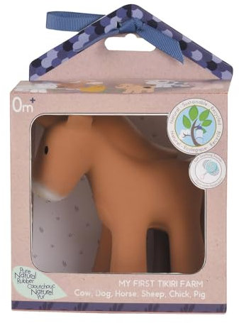 Tikiri 8595016 - Naturkautschuk Rassel in Geschenkbox, Pferd, Badewannenspielzeug, für Babys und Kinder ab 0+ Monaten