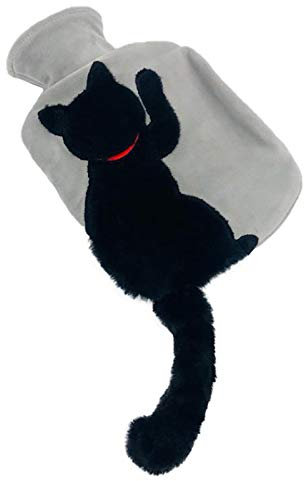 VSTAR66 Wärmflaschen, Warmwasserbeutel mit Plüsch-Langschwanz-Katzenabdeckung, hilft zur Schmerzlinderung, Wärme- & Kältetherapie, Wintergeschenk für Jungen & Mädchen (Schwarze Katze)