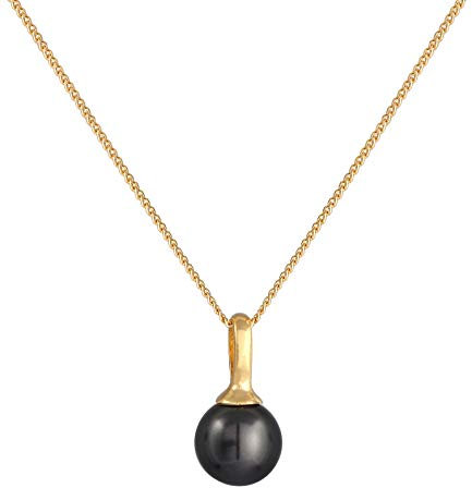 Damen Halskette mit Glas Perle schwarz in runder Form, Kette mit Perlen Anhänger (8 mm) aus 925 Sterling Silber vergoldet, Goldene Kette mit Perle, Anhänger für Frauen, Länge 45 cm