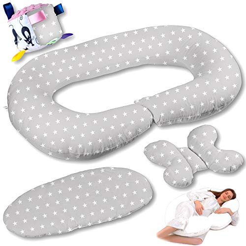 5in1 Stillkissen Set mit Bezug aus 100% Baumwolle für Mutter und Baby XXL 130x70cm Schwangerschaftskissen Matratzenauflage Kissen Entdeckewürfel TUZI (1)