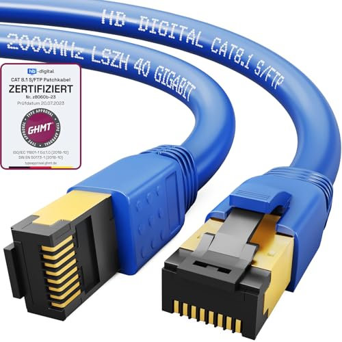 HB-DIGITAL 1m Câble RJ45 CAT 8 Cordon de brassage - Certifié GHMT - Cable Réseau Blindé AWG 24 S/FTP LSZH 40Gbps 2000MHz cuivre pur avec connecteurs dorés pour Switch PC TV Console de Jeux - Bleu