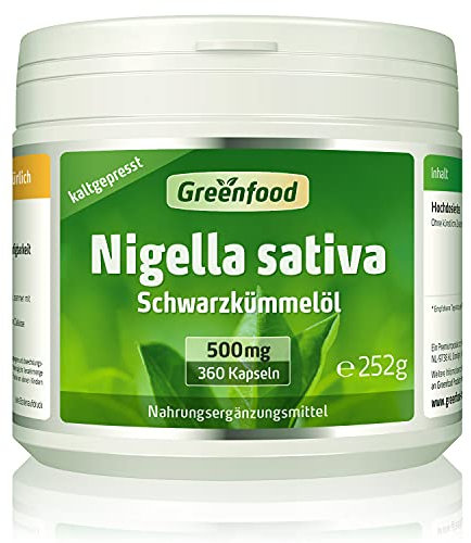 Schwarzkümmelöl, hochdosiert, 500mg - 360 Kapseln (Softgel). Hochwertige Nigella sativa - kaltgepresst. OHNE künstliche Zusätze - laborgeprüft. Von Greenfood.