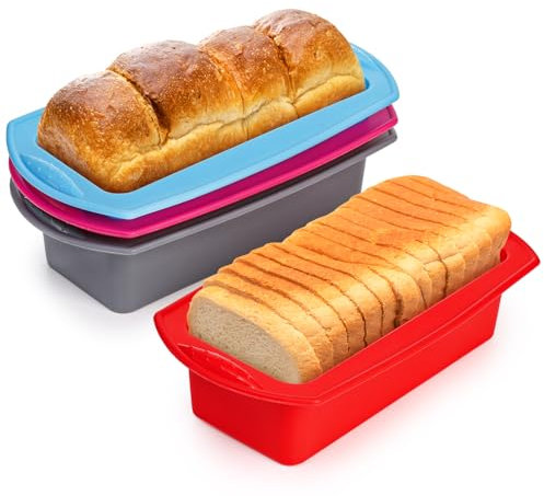 YOUEON Set of 4 Rectangle Silicone Loaf Pan, 27.5 x 14 x 6.5 cm Baking Tins Bread Pan, Mini Cake Pans for Pie Pancakes Pizza, 4 Colors