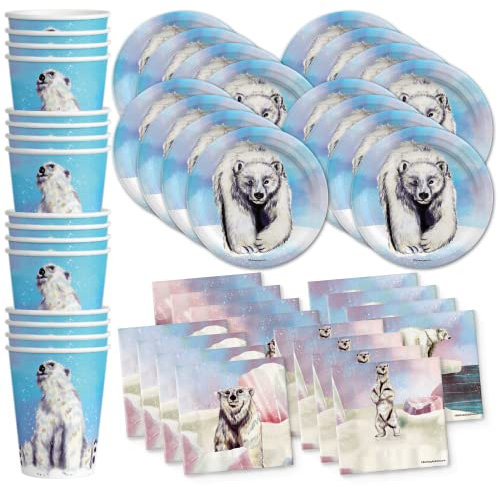 Polar Bear Birthday Party Supplies Set - Bear Party Supplies - Winter Celebrations Plates, Napkins , and Cups - Tableware Kit for 16