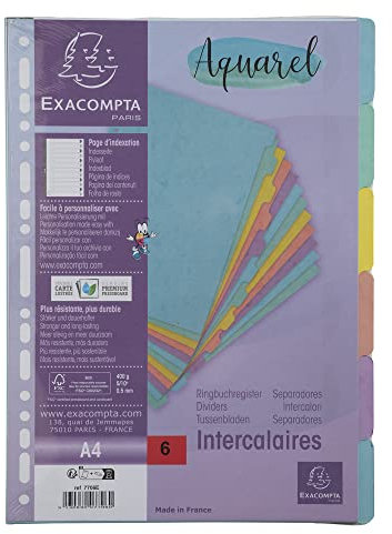 Exacompta 7706E Aquarel Trennblätter für DIN A4 aus glänzendem Karton 400 g/m² 6-teiliges Register Indexseite beschriftbar 6 vollfarbige Seiten, Pastellfarben