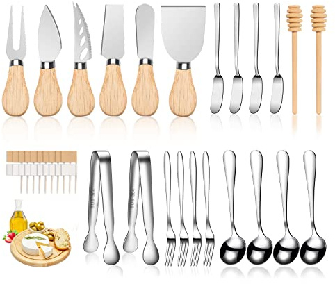 LifeMusican Charcuterie Board Accessories Wooden Cheese Spreader Knive Set, Wood Handle Butter knives For Cheese Kit, Mini Cheese Knife Slicer With Tongs, Spoons, Forks,Honey Dipper (23 Pack)