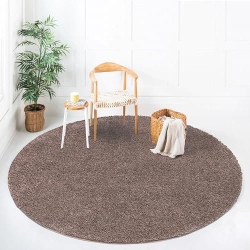 payé Teppich Rund Hochflor Shaggy - 80x80cm - Braun Einfarbig Uni Flauschig Modern Boho Wohnzimmer Schlafzimmer Deko Teppiche Weich Schlafzimmer