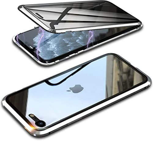 QiiStar Privacy Case for iPhone SE 2020/2022 & iPhone 8/7 Magnetic Phone Case,Front and Back Tempered Glass 360° Full Body Case,Metal Bumper with Anti Peep Screen and Crystal Clear Back Cover,Silver