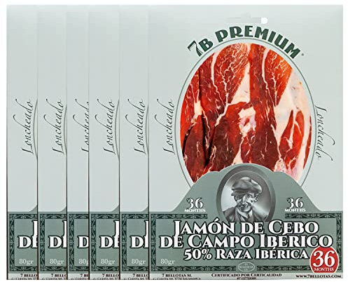 Pata Negra iberico Ham | Made From Grain Fed 50% Iberico Pigs | Jamon iberico Cebo de Campo | 7 BELLOTAS Guijuelo (Sliced 6 X 80 gr.)