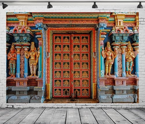 CORFOTO 7x5ft Tissu coloré Inde Tanjore Temple Porte Toile de Fond Inde Ancienne Religion Bâtiment Photo Fond pour décorations d'anniversaire Indiennes Adulte Photo Prop Indien Thème Fête Décor