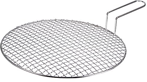 sourcing map Griglia rotonda in acciaio inox da 35,1 cm, griglia per barbecue, antiaderente, griglia in rete metallica con manico per bistecca barbecue a carbone