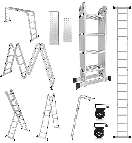 Gimisgu 4.7M Mehrzweckleiter, 4x4 Stufen Aluminium Vielzweckleiter Klappleiter mit 2 Plattform und 2 Räder, 7 in 1 Alu Leiter Gelenkleiter 16 Sprossen, Max. Tragfähigkeit 150KG