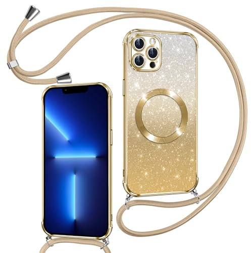 Phoona Handyband Hülle für iPhone 13 Pro mit Band [kompatibel mit MagSafe], Luxuriöse Glitzer Beschichtung Magnetische Handyhülle für iPhone 13 Pro Silikon TPU Stoßfest Schutzhülle, Gold
