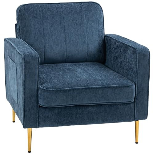 HOMCOM Fauteuil de Salon avec Pieds en Acier doré,Canapé 1 Place Confortable, Pochettes latérales, pour Salon, Bureau, Chambre, Bleu