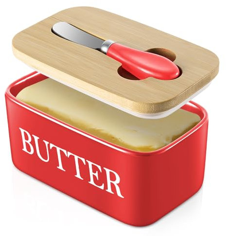 Dyserbuy Butter Dish with Lid, Butter Dish, Porcelain Butter Container with Double Silicone Seals Cover, Ceramic Butter Keeper with Knife, Perfect for East West Coast Butter, 650ml (Red)