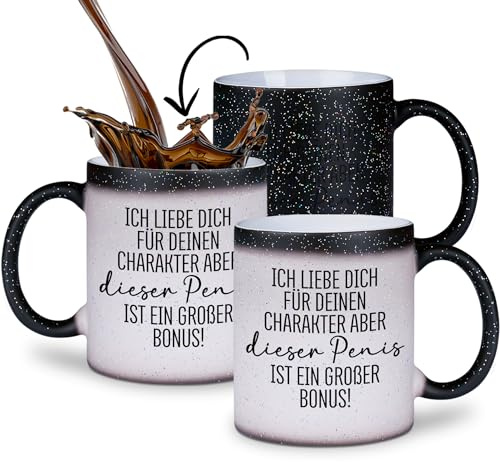 glitzertassen.de® | Ich liebe dich für deinen Charakter (Penis) | Farbwechseltasse mit Glitzer | Geschenkidee | Lustige Sprüche | Magic-Tasse | Keramik | 330 ml