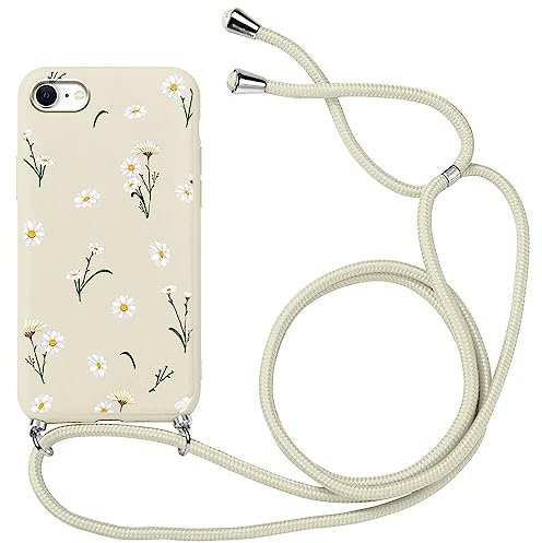 Xylota Handykette Handyhülle für iPhone 8/7/SE 2020/SE 2022 4,7 Hülle mit Band, Einstellbar zum Umhängen Kordel Aesthetic Case mit Muster Blumen, Weich TPU Silikon Stoßfest Schutzhülle Cover,Beige2
