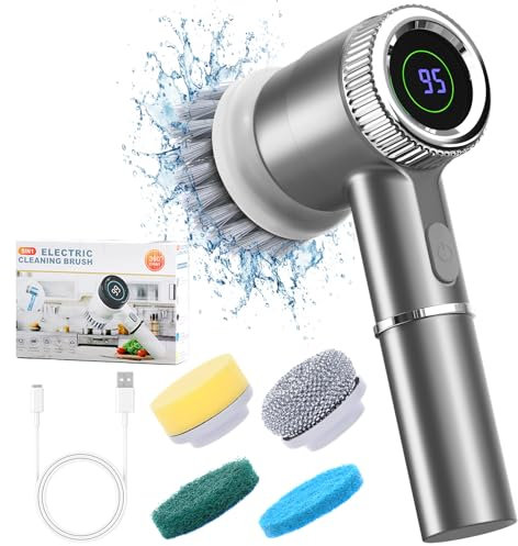 Irishom Elektrisch Reinigungsbürste Mit 2000 mAh Akku Und Power Spin,Spin Power Schrubber Mit Acht Aufsätzen Und wasserdichter,Geeignet Für Küche,Toilette(grau)