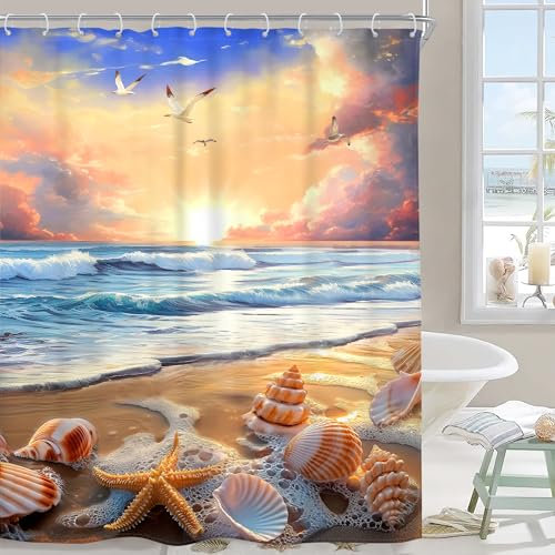 Riyidecor Duschvorhang für Strand, Küste, Ozean, Sonnenuntergang, Ölgemälde, Meereswelle, Sommer, hawaiianischer Sonnenaufgang, Meer, 152,4 x 183,9 cm, Seestern, Muschel, blauer Stoff, Dekoration,