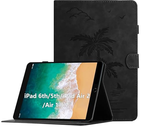 Coque pour iPad 6a Gen. 2018 / 5a Gen. 2017 / iPad Air 2 / iPad Air 9.7 Pouces, Housse de Protection Multi-Angles Étui en Cuir PU avec Fente pour Carte, Auto Réveil/Sommeil, Noir
