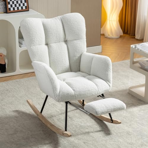 DEKKETO Schaukelstuhl mit Hocker, Gemütlicher Teddy Stillsessel zum Stillen, Schaukelsessel mit Fußstütze für Wohnzimmer Schlafzimmer, Bequeme Lesesessel für Kinderzimmer, Weiß