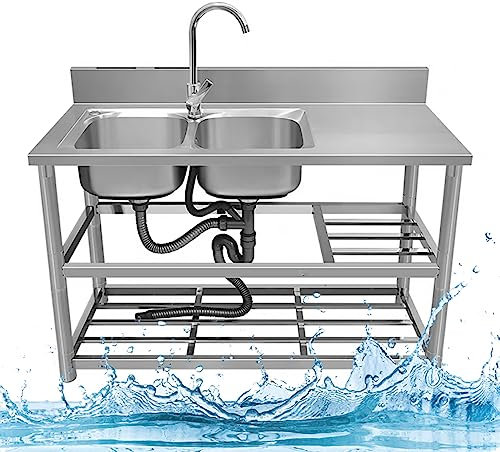 Edelstahl-Spüle, Küchenspüle, freistehende Spüle, gewerblich, mit Werkbank und doppelten Ablageflächen, mit Abtropffläche und Wasserhahn für Restaurant, Garage, Waschküche/Hauswirtschaftsraum. (Farb