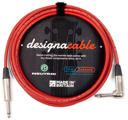designacable.com 10m - Red Unbalanced Straight to Angled Jack Guitar Lead - Handmade in the UK using Van Damme XKE instrument cable & Neutrik NP2X & NP2RX 1/4 Mono Jacks.