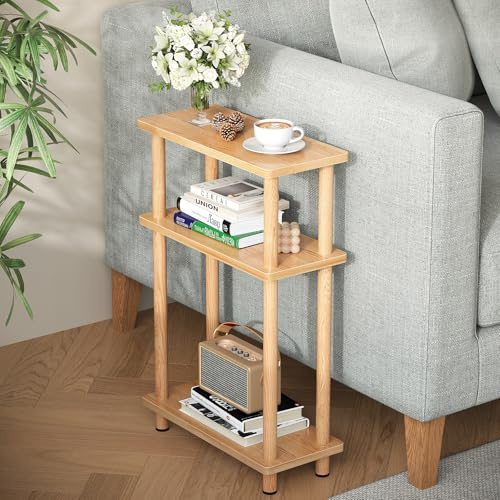 APICIZON Narrow Side Table, Slim Small Table, 3 Tier End Table Living Room, 40x18x61.5cm, Modern Thin Side Table for Living Room, Bedroom, Sofa, Small Nightstand with Magazine Rack, Wooden, Nature